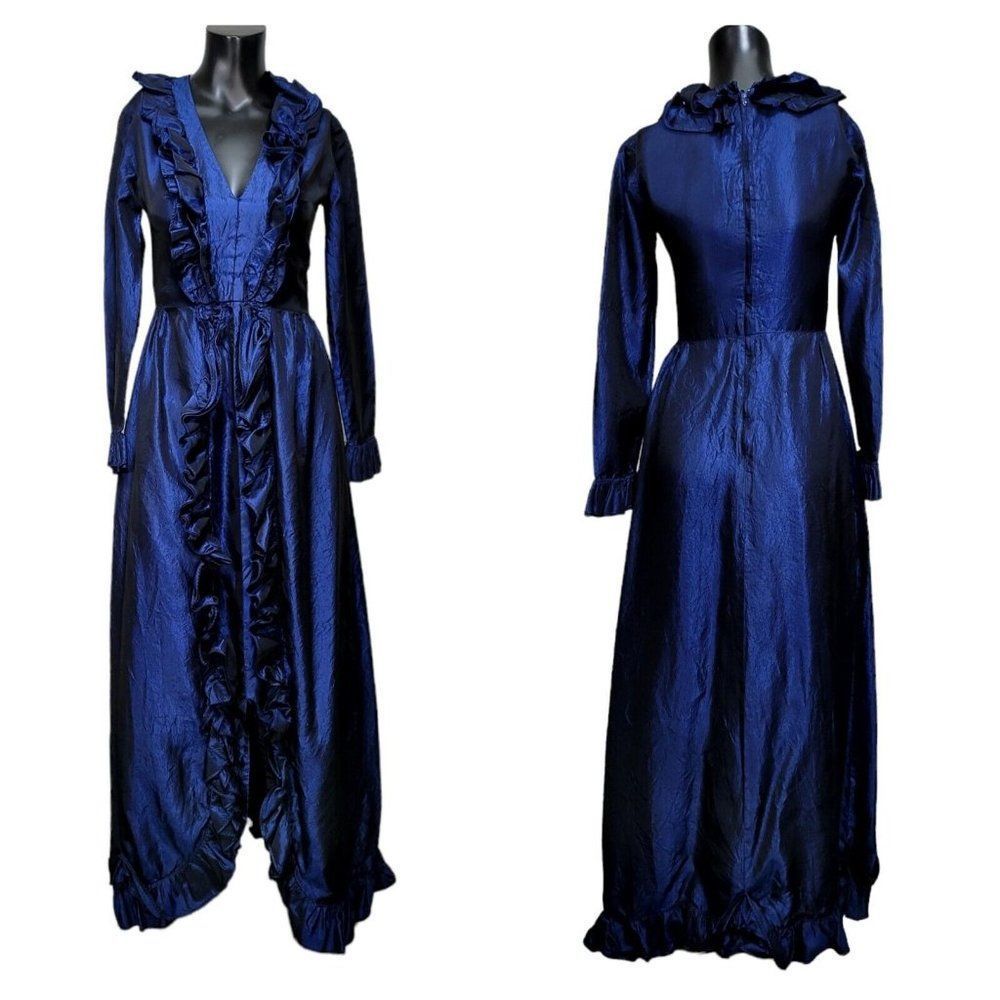 Vintage 70s Dan Leslie Womens S Midnight Blue Crushed Taffeta Ruffles‎ Maxi Gown